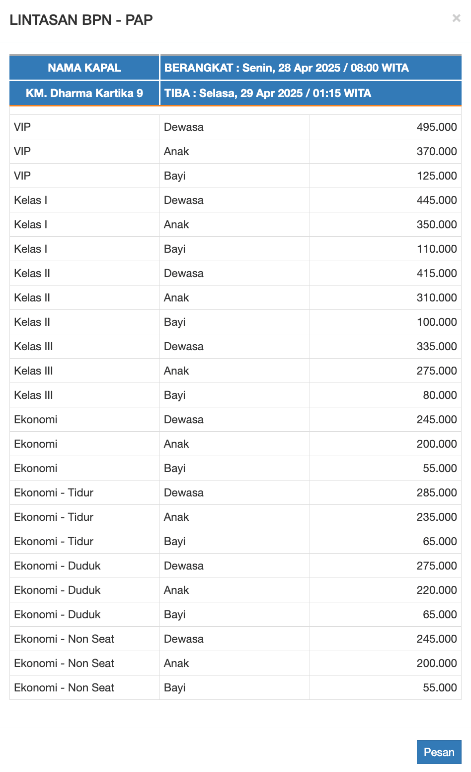 Jadwal dan Harga Tiket Kapal Feri PT DLU Balikpapan-Parepare 28 April 2025.