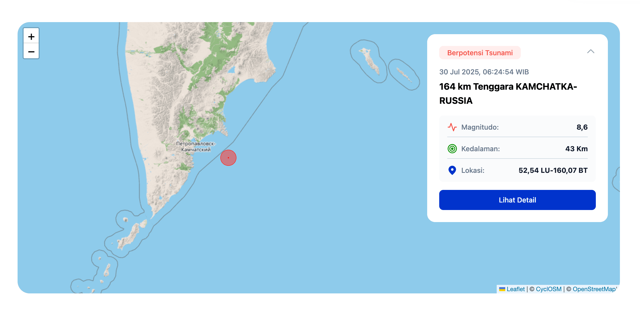 Gempa bumi tektonik dengan magnitudo M 8,7 mengguncang sekitar pesisir timur Kamchatka, Rusia, pada Rabu (30/7/2025) pukul 06:24:50 WIB. Gempa kuat ini memicu peringatan potensi tsunami di sejumlah negara, termasuk di Asia dan Pasifik.