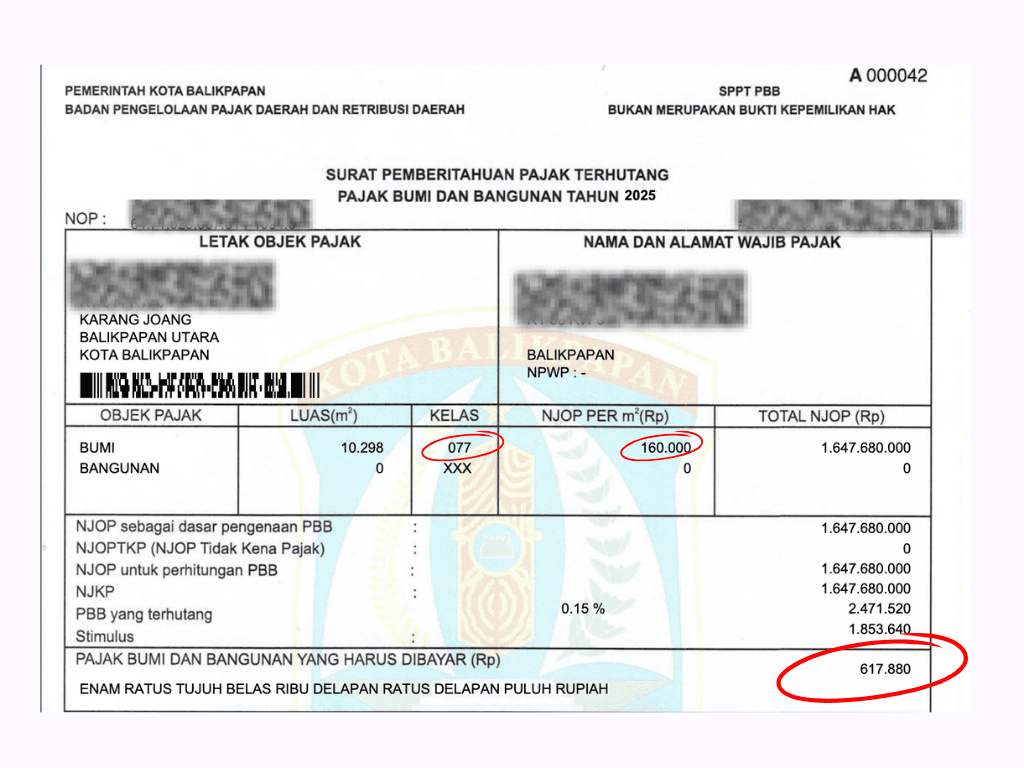 Tangkapan layar SPPT PBB milik keluarga Arif Wardhana yang telah direvisi Pemkot Balikpapan. (ProPublika.id)