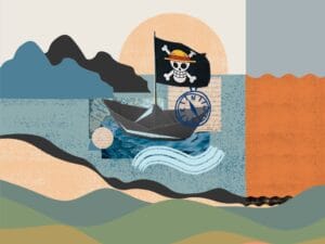 bajak laut Ilustrasi untuk "Bendera One Piece sebagai Meme: Protes Simbolik, Geram yang Terpendam, dan Paranoia Pemerintah." (Dikolase oleh ProPublika.id) - mugiwara, jolly roger M. Naufal Waliyuddin