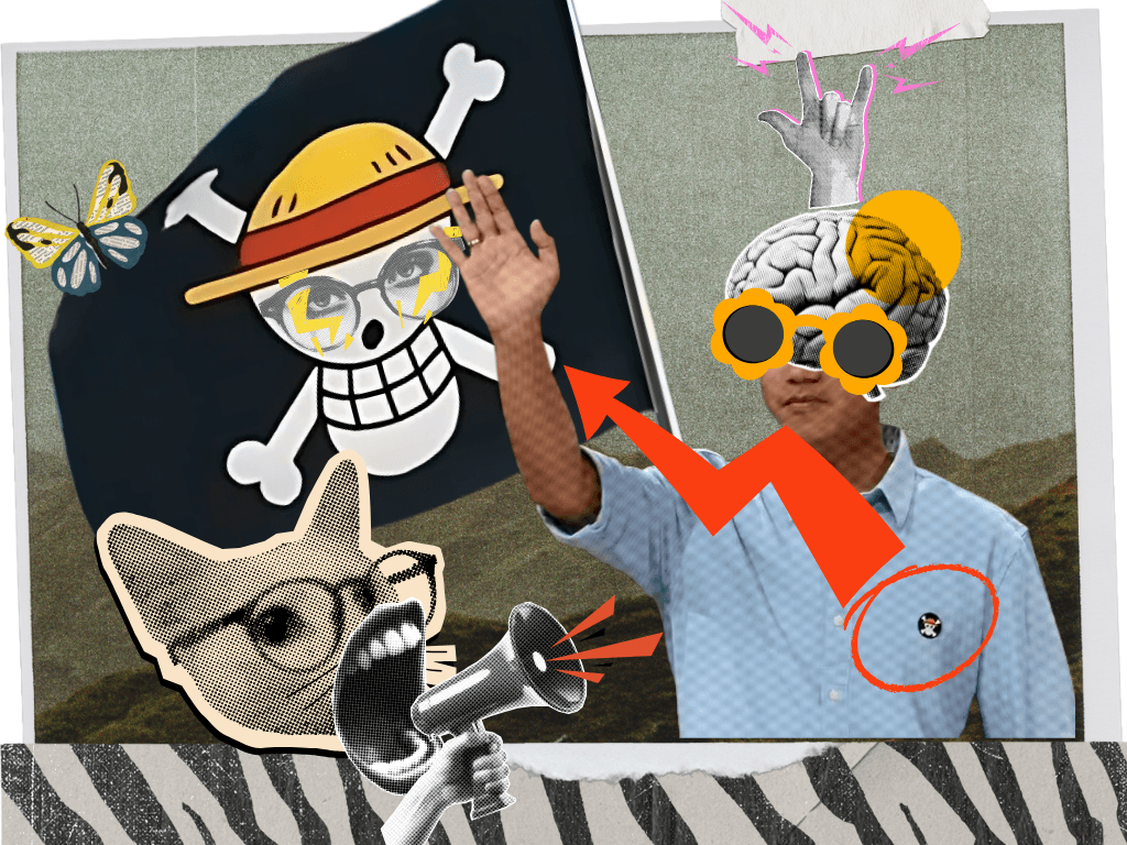 Ilustrasi tulisan "Bendera One Piece: Dulu Dipakai Gibran, Kini Dikecam Makar". Bendera Jolly Roger, bendera mugiwara (Desain: ProPublika.id)