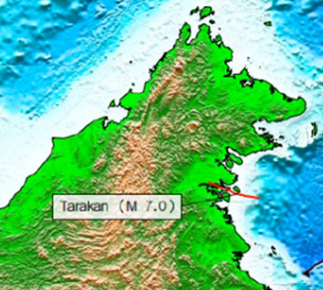 Garis merah menunjukkan Sesar Tarakan yang melewati Pulau Tarakan di Kalimantan Utara, berpotensi memicu gempa M 7.0.