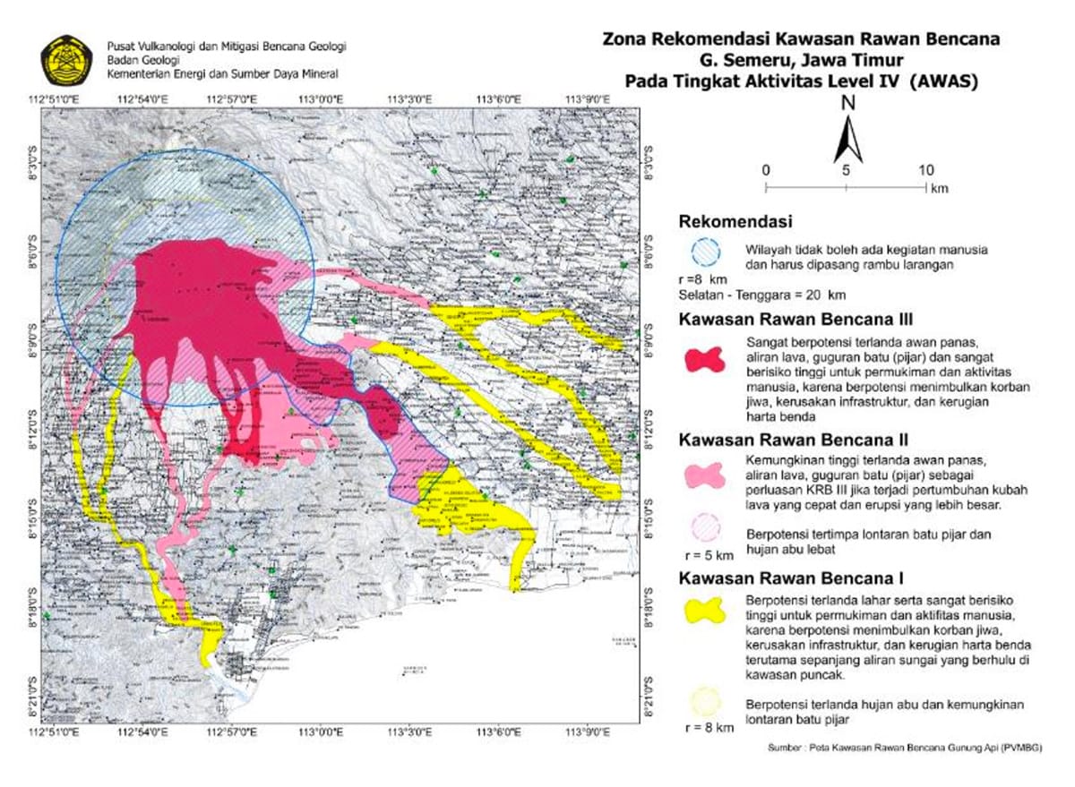 Zona rekomendasi kawasan rawan bencana Gunung Semeru, Jawa Timur. (Dokumentasi PVMBG)