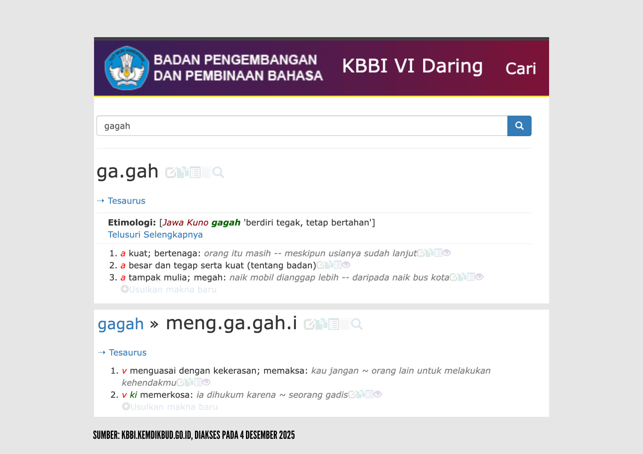 Tangkapan layar KBBI daring tentang kata "gagah" dan "digagahi".