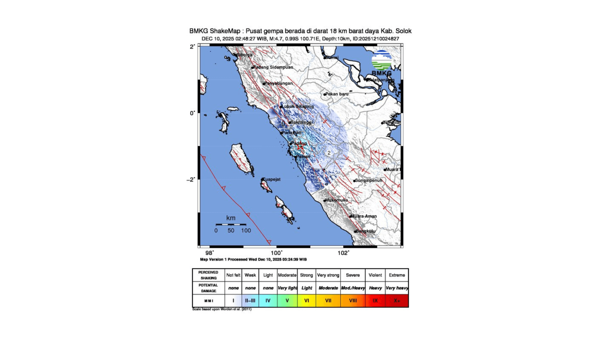 Kabupaten Solok, Sumatera Barat, diguncang gempabumi tektonik pada Rabu (10/12/2025) pukul 02.48 WIB. (Dokumentasi BMKG)
