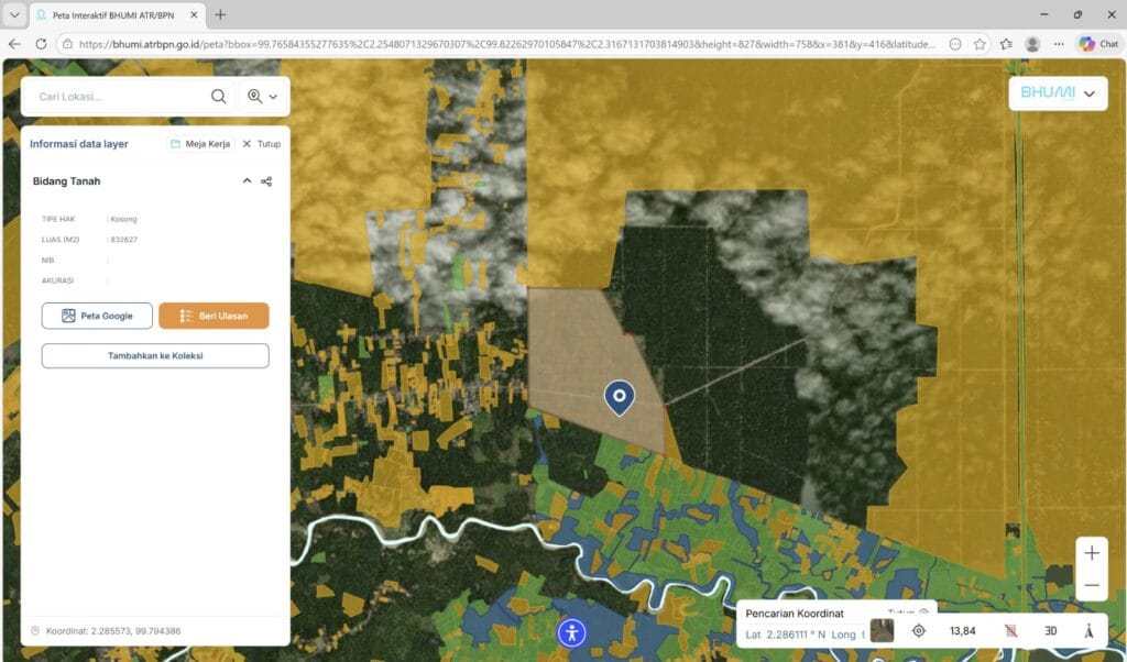 Status tipe hak kosong di atas 83 hektar lahan yang dikuasai petani KTPHS di Kampung Baru Kec. Aek Kuo Labuhan Batu Utara. Sumber: bhumi.atrbpn.go.id