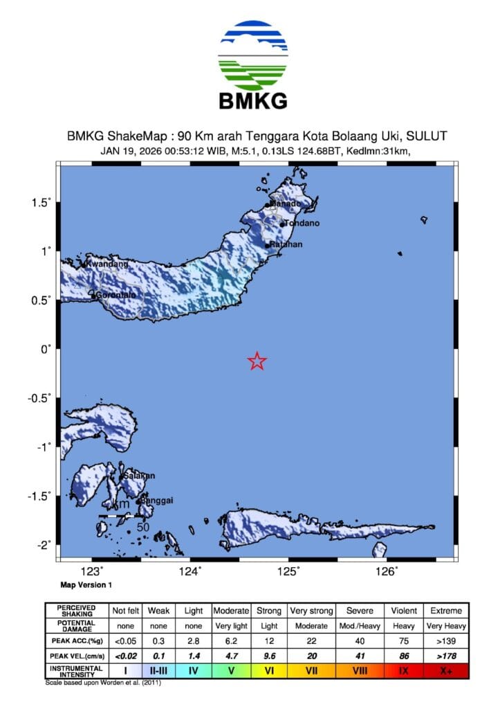 Gempa M5,1 guncang Bolaang Mongondow Selatan pada Senin (19/1/2026). BMKG pastikan tidak berpotensi tsunami.