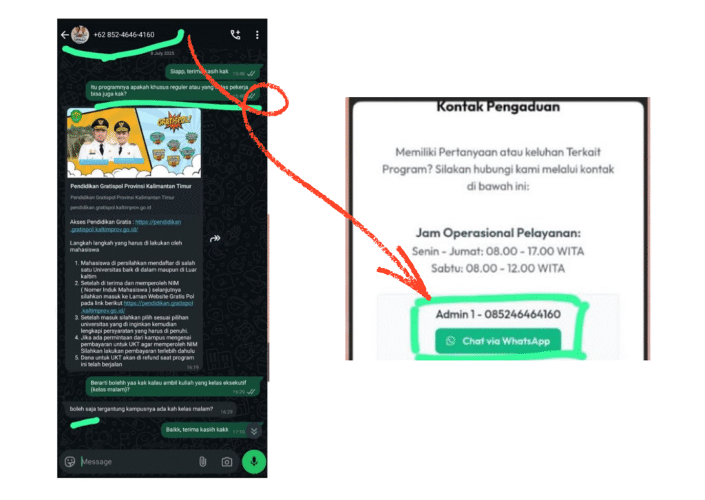 Tangkapan layar percakapan Admin Gratispol saat ditanya soal kelas malam atau kelas eksekutif.