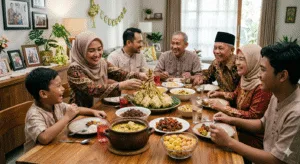 Ilustrasi tips makan sehat saat Lebaran. (Ilustrasi dibuat oleh AI Gemini)