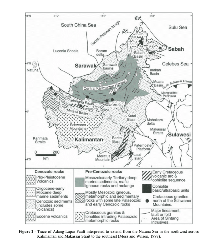 Jejak Sesar Adang-Lupar ditafsirkan membentang dari Laut Natuna di barat laut melintasi Kalimantan dan Selat Makassar ke tenggara. (Moss dan Wilson, 1998). (Hesekiel Bernando Nainggolan dan Tim)