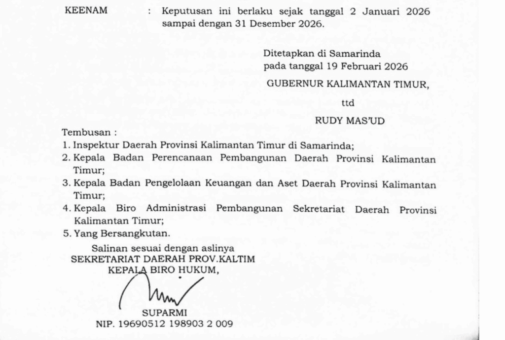Tangkapan layar Surat Keputusan Gubernur Kalimantan Timur Nomor 100.3.3.1/K.9/2026 tentang Pembentukan Tim Ahli Gubernur Kaltim 2026.