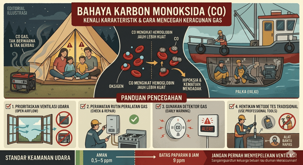 Infografis bahaya gas karbon monoksida atau CO. (Dibuat dengan Gemini AI oleh ProPublika.id)