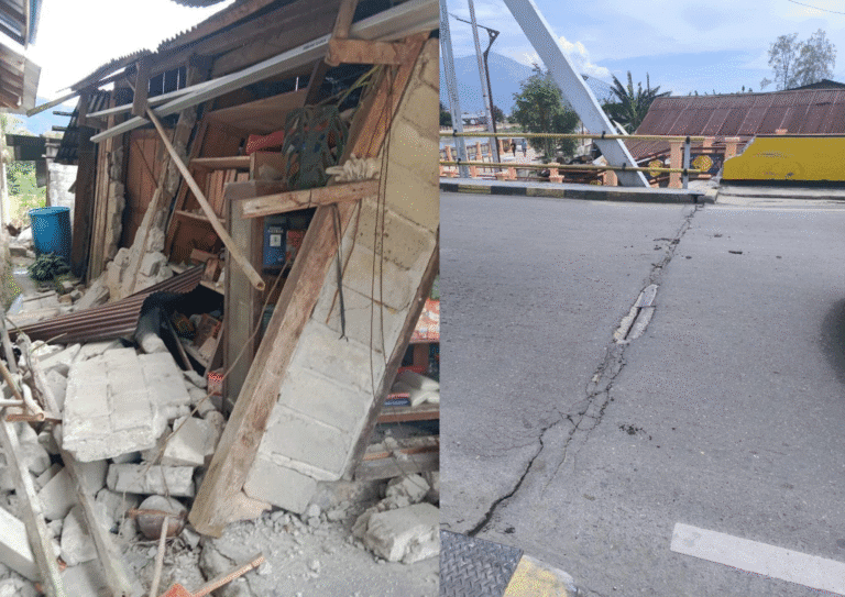 Dampak kerusakan pada salah satu fasilitas bangunan akibat guncangan kuat gempa tektonik M 6,7 di Sulawesi Tengah, Selasa (16/6/2026). Hingga kini, rincian jumlah bangunan rusak dan potensi adanya korban jiwa masih dalam proses pendataan oleh BNPB dan BPBD setempat. (Foto: BNPB)