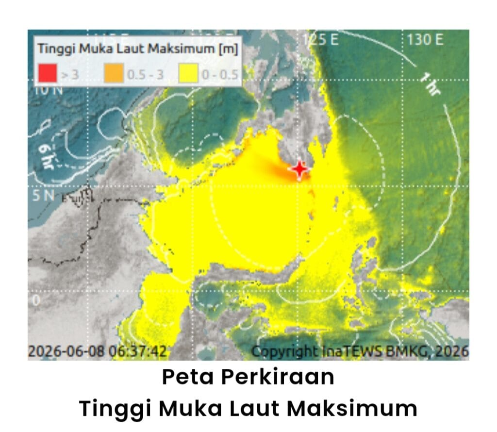 Peta perkiraan tinggi muka laut maksimum yang dirilis BMKG pasca-gempa M 7,7 di Filipina pada Senin, 8 Juni 2026.