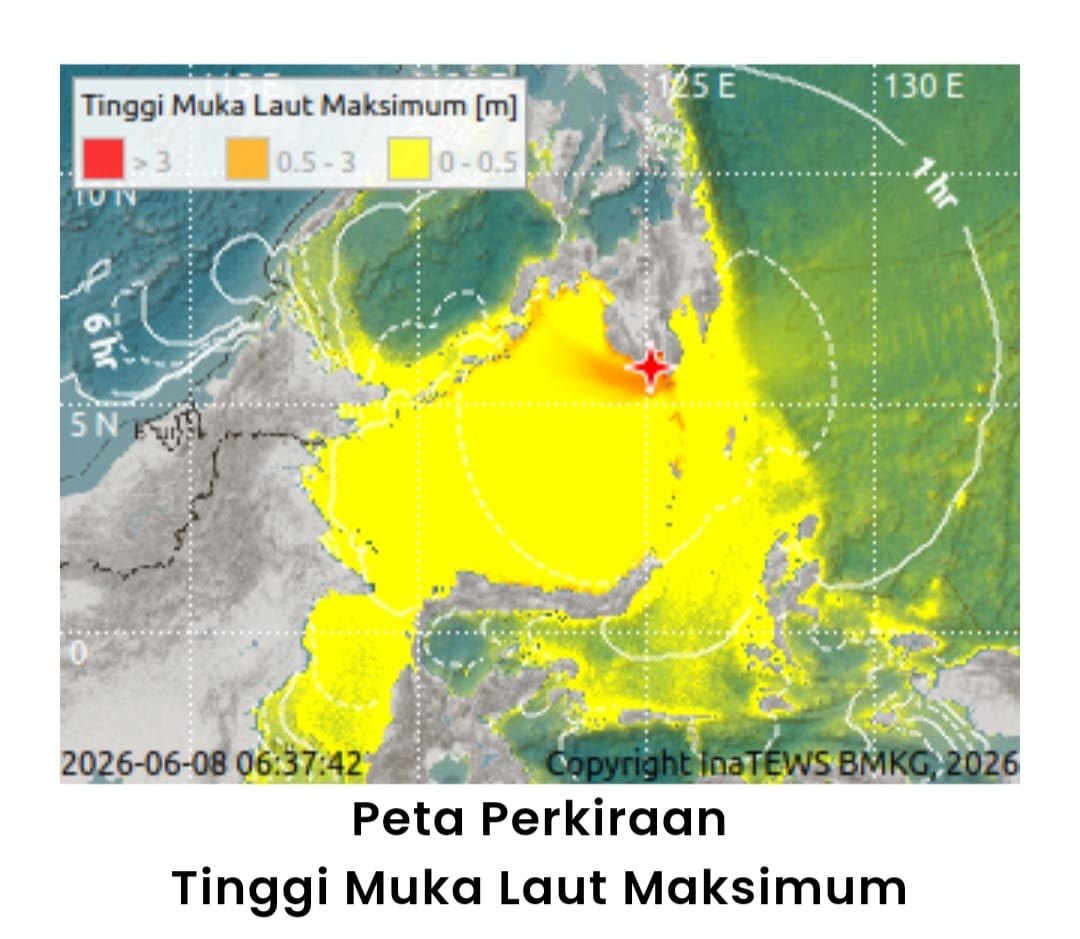 Peta perkiraan tinggi muka laut maksimum yang dirilis BMKG pasca-gempa M 7,7 di Filipina pada Senin, 8 Juni 2026.